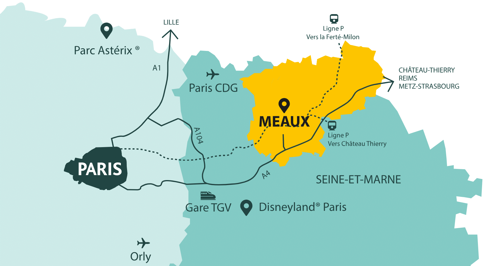 Cartographie qui situe Meaux entre Paris et Reims